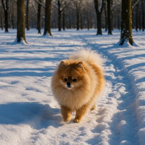Fluffy Pomeranian Strolling Through a Snowy Park