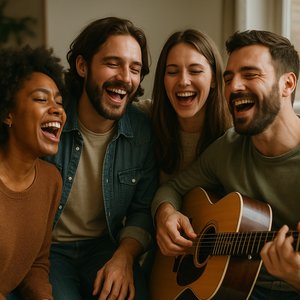 Friends Singing Around an Acoustic Guitar
