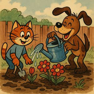 Garden Buddies: Cat & Dog Planting Flowers
