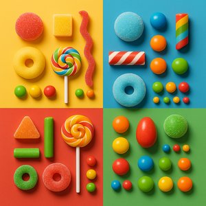 Geometric Candy Grid — Colorful 3D Flat Lay