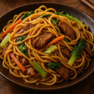 Glazed Beef Chow Mein with Seasonal Greens