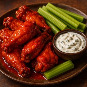 Glossy Buffalo Wings with Celery & Blue Cheese Dip