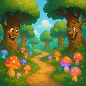 Glowing Mushroom Path in a Cheerful Enchanted Forest