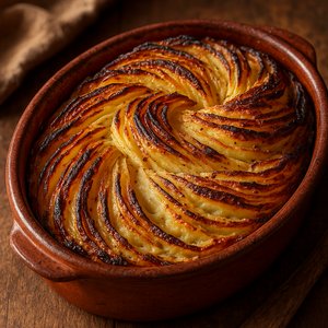Golden Babka Potato Bake in Rustic Clay Dish
