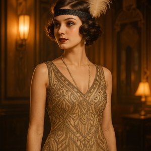 Golden Flapper in an Art Deco Parlor