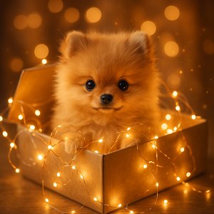 Golden Glow: Pomeranian Pup in a Box of Fairy Lights