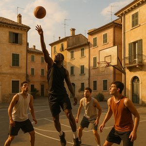 Golden Hour Game — Street Basketball in an Italian Piazza