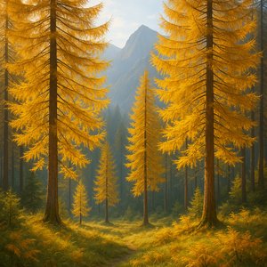 Golden Larches in Autumn Light