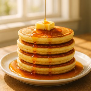Golden Morning Pancake Stack with Drizzling Maple Syrup