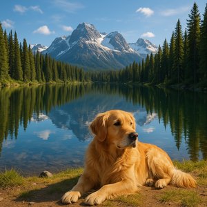 Golden Retriever by the Mountain Lake