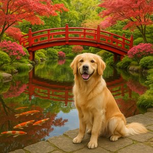 Golden Retriever in a Japanese Spring Garden