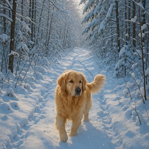 Golden Retriever on a Snowy Forest Trail