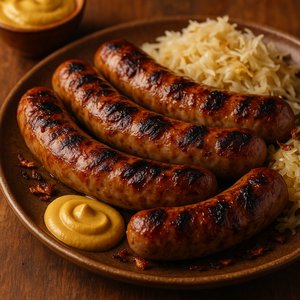Grilled Bratwurst Platter with Mustard & Sauerkraut