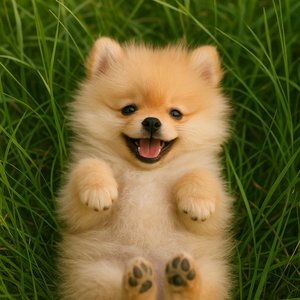 Happy Pomeranian Puppy on Its Back