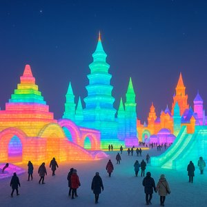 Harbin Ice Festival: Rainbow Ice Castles at Night