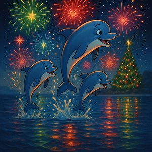 Holiday Leap: Dolphins Under Fireworks