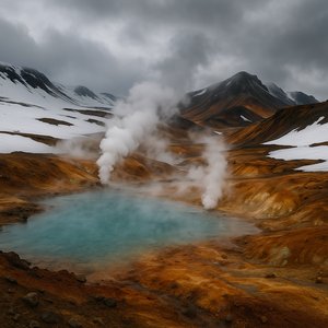 Icelandic Geothermal Spring Amid Snowfields