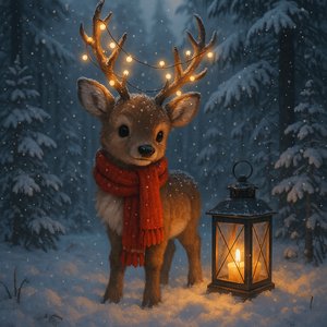 Lantern-Lit Reindeer in a Winter Forest