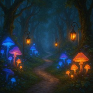 Lanternlit Path Through the Glowing Mushroom Grove