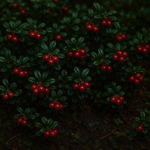 Lingonberry Carpet — Red Berries in Dark Forest Moss