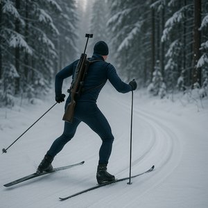 Lone Biathlete on a Snow-Covered Forest Trail