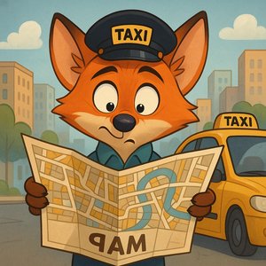 Lost in the City: Fox Taxi Driver with Upside-Down Map