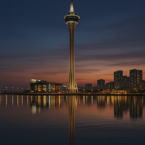 Macau Tower at Dusk — Harbor Reflections