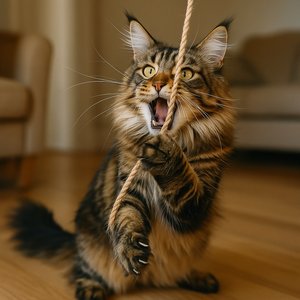 Maine Coon Mid-Pounce with Rope Toy