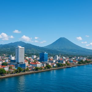 Manado Coastal Skyline with Mountain Backdrop, Bright Daylight