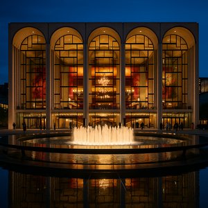 Metropolitan Opera House at Dusk — Grand Glass Façade and Fountain