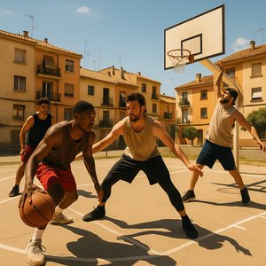 Midday Street Basketball in a Spanish Neighborhood
