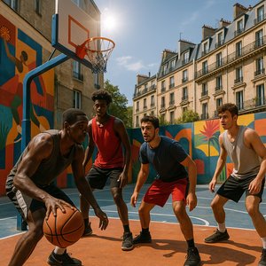 Midday Street Basketball on a Colorful Urban Court