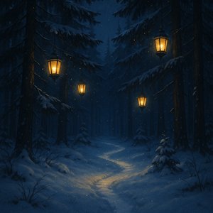 Midnight Lantern Path in a Snowy Pine Forest