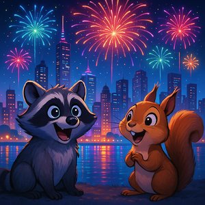 Midnight Sparkle: Raccoon & Squirrel Celebrate the New Year
