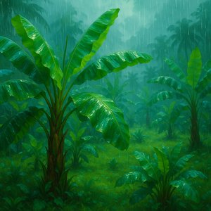 Monsoon Bananas: Glossy Leaves in the Rain
