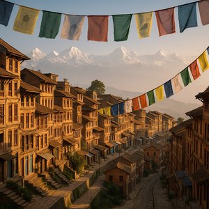 Morning Light Over Dhulikhel: Prayer Flags and Himalayan Peaks