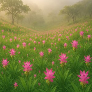 Morning Mist Over a Hillside of Siam Tulips