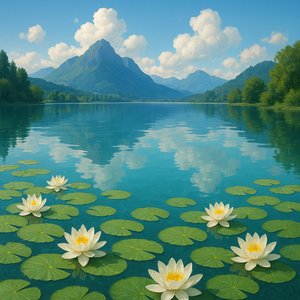 Morning Water Lilies on a Turquoise Lake