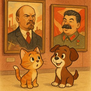 Museum Surprise: Kitten & Puppy Admire Giant Soviet-Era Portraits