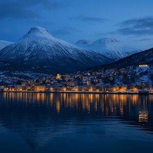 Narvik Blue Hour — Snowy Mountains & City Lights