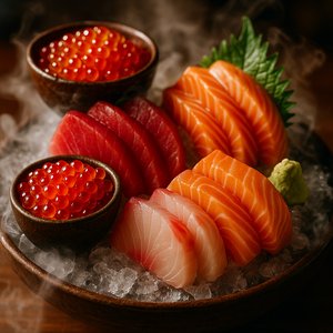 Opulent Sashimi Platter with Ikura and Chilled Ice Fog