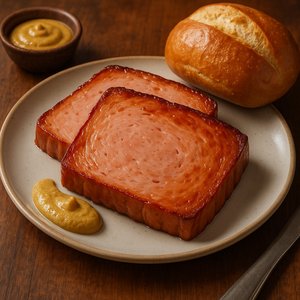 Photorealistic Bavarian Leberkäse with Mustard and Roll