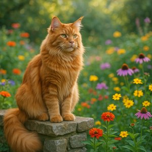 Red Maine Coon on a Stone Fence in Morning Garden