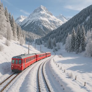 Red Mountain Train Through a Snowy Swiss Valley