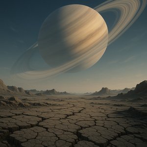 Ringed Giant Over a Cracked Alien Plain