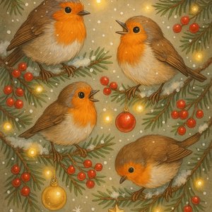 Robin Family on Festive Pine