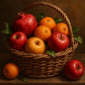 Rustic Mediterranean Fruit Basket — Pomegranates, Oranges & Apples