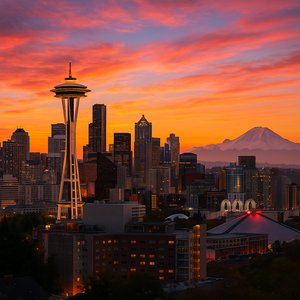 Seattle Sunset Skyline with Space Needle and Mount Rainier
