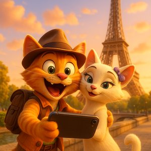 Selfie in Paris - Cartoon Cats at Golden Hour