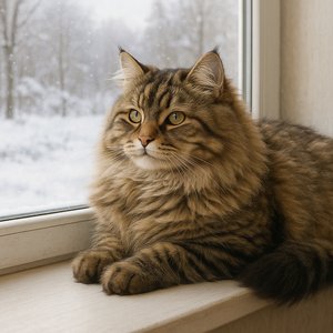 Siberian Cat on a Snowy Windowsill